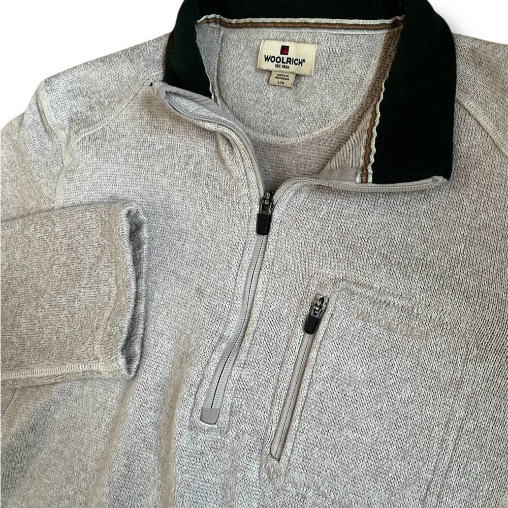 Woolrich 1/4 Zip Pullover Sweater‎ Mens Sz Large Beige Polyester Green Collared
